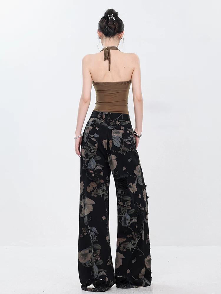 Quần jeans rách đen in họa tiết gốc ABWEAR dành cho nữ, kiểu dáng rộng thùng thình, dáng thẳng, ống rộng, mẫu mới 2024