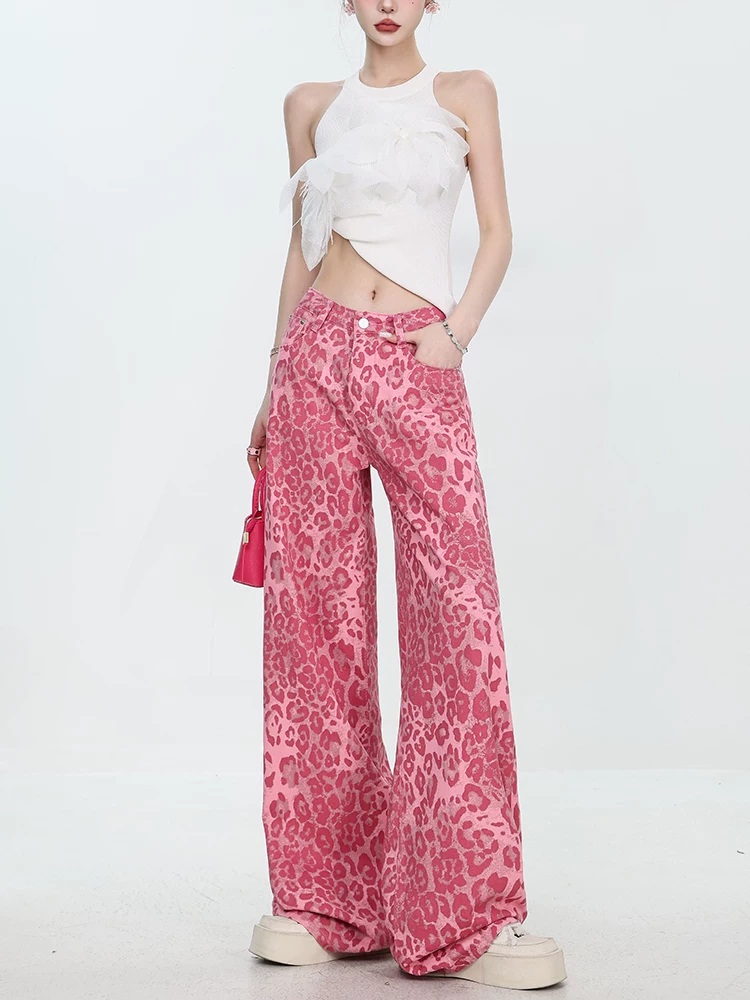 [Cửa hàng quần áo Bee] ABWEAR Pink Dopamine Vibe Quần jean ống đứng in họa tiết da báo mới