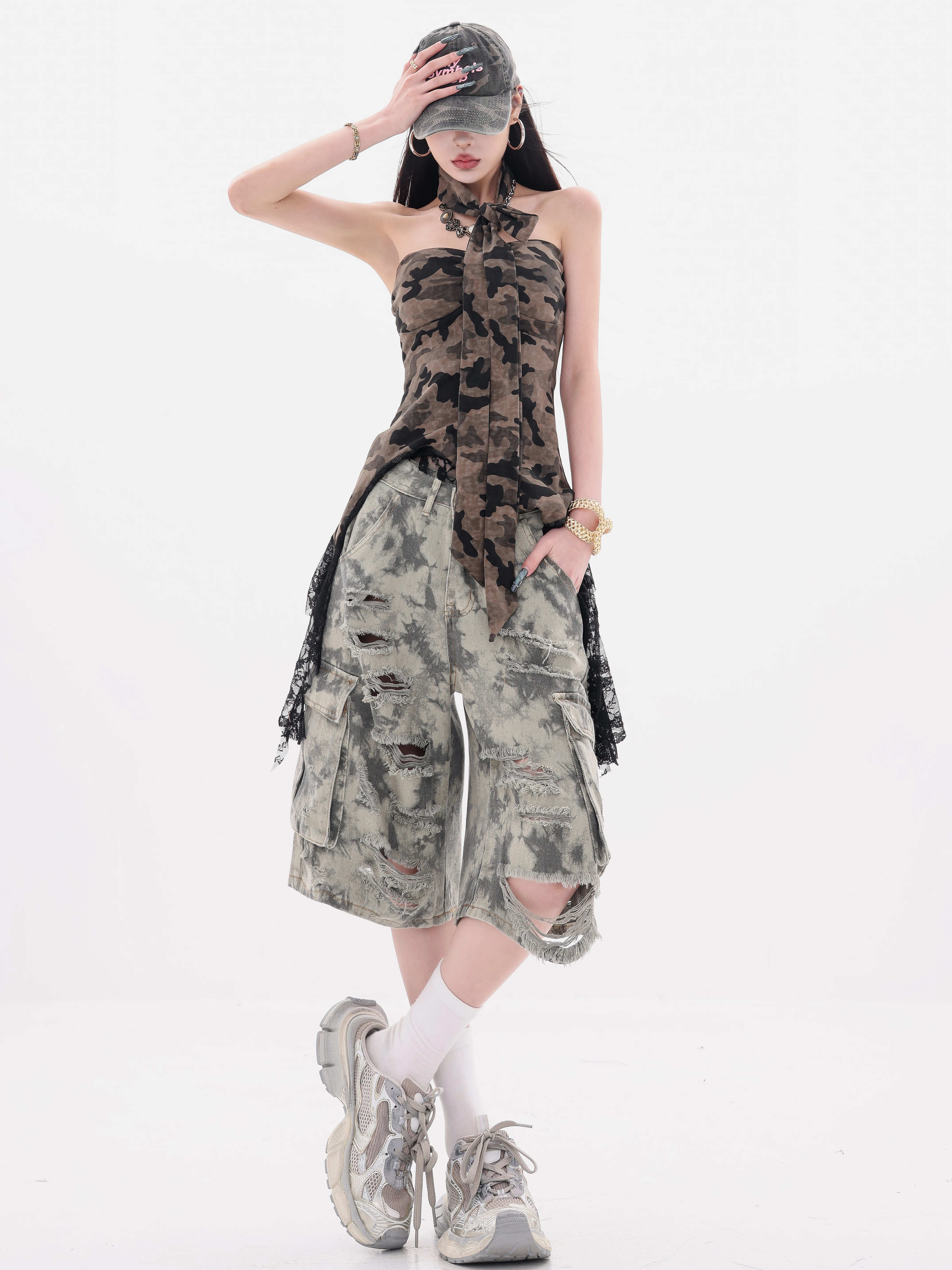 ABWEAR Wild Return - Quần short denim ống rộng họa tiết ngụy trang nguyên bản dành cho nữ, quần short năm điểm dáng rộng vừa vặn