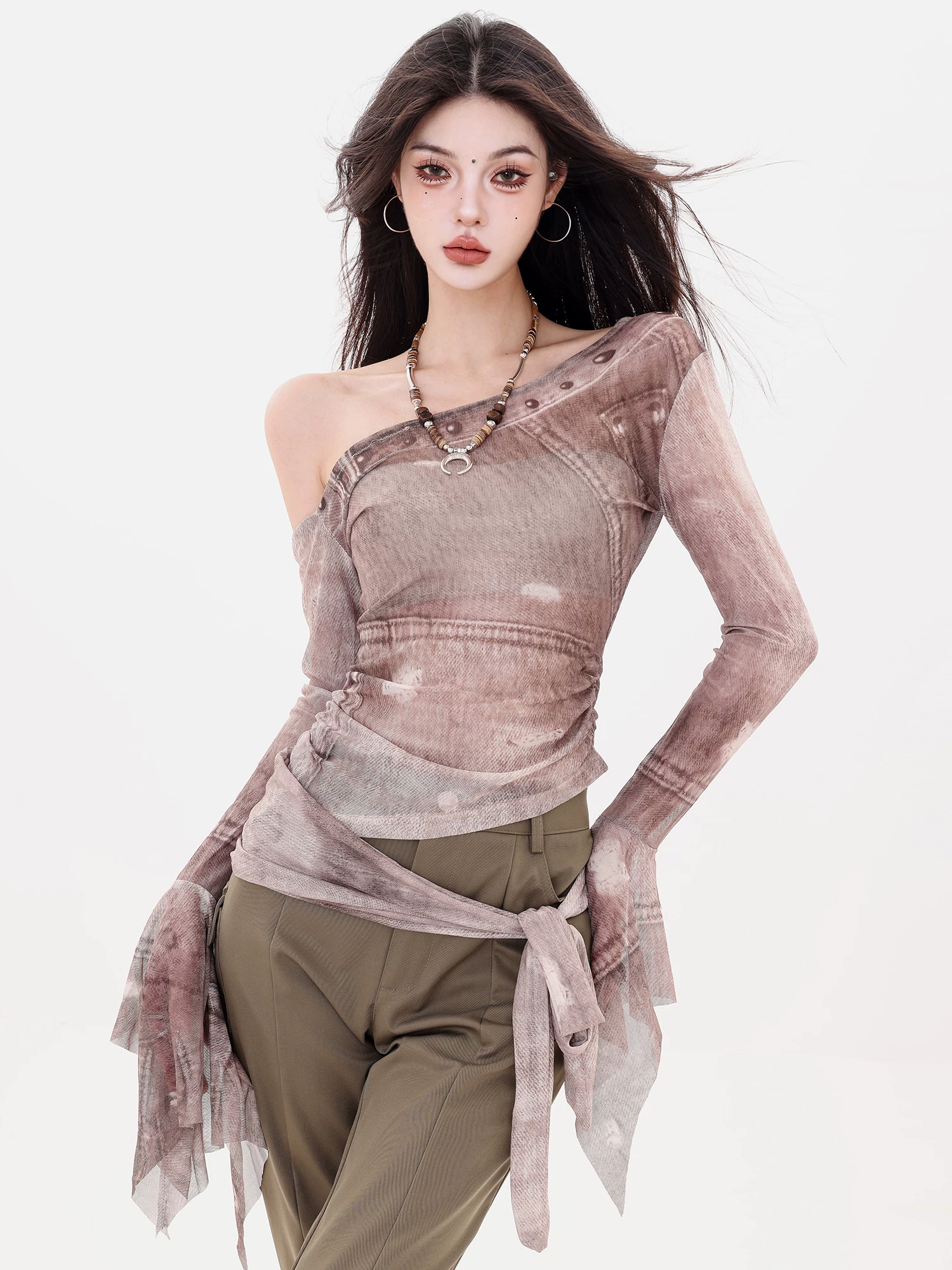 ABWLR Urban Illustrated - Thiết kế theo phong cách Hot Girl nguyên bản Áo thun dài tay lệch vai kiểu dáng ôm sát lưới dành cho nữ