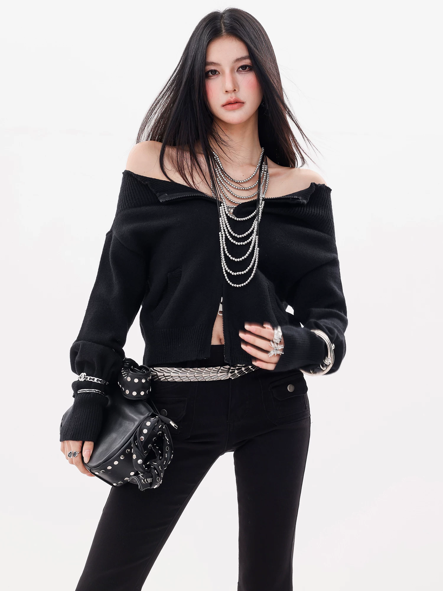 ABWLR Smart Beauty Guide - Áo len dệt kim màu đen nguyên bản dành cho nữ, áo cardigan dáng rộng thường ngày mới mùa thu/đông