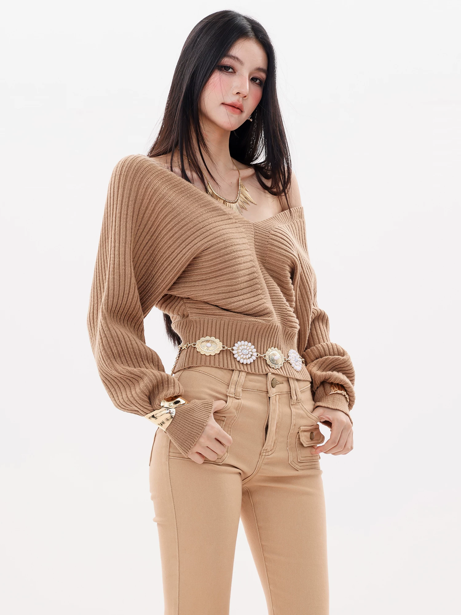ABWLR Cinderella - Áo len dệt kim dài tay cổ chữ V phong cách lười biếng nguyên bản dành cho nữ, Áo thời trang ôm eo thu đông mới