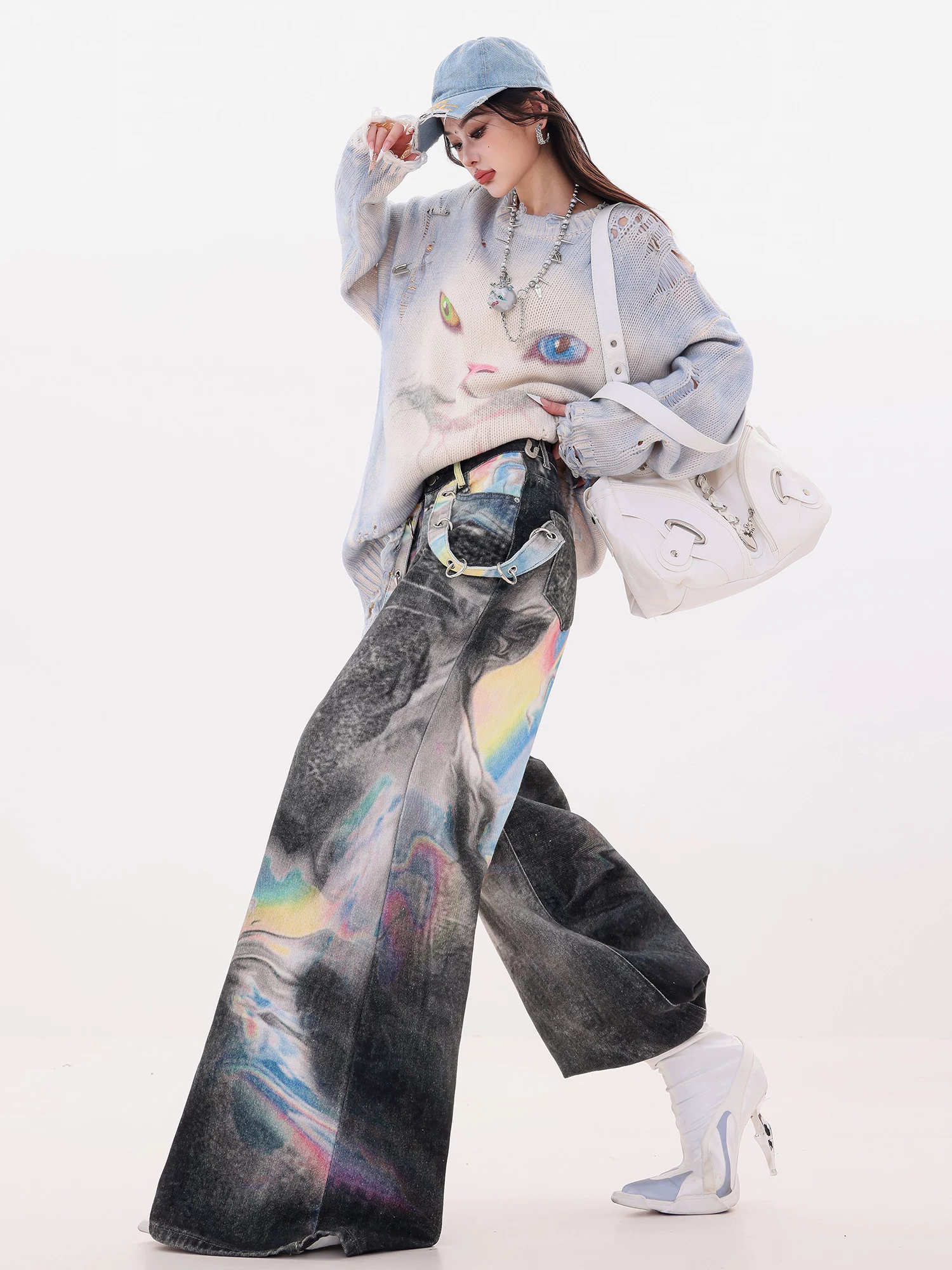 ABWLR Color Fantasy - Quần jean ống rộng màu gradient nguyên bản dành cho nữ, phong cách mùa thu mới, quần dài ống thẳng dáng rộng
