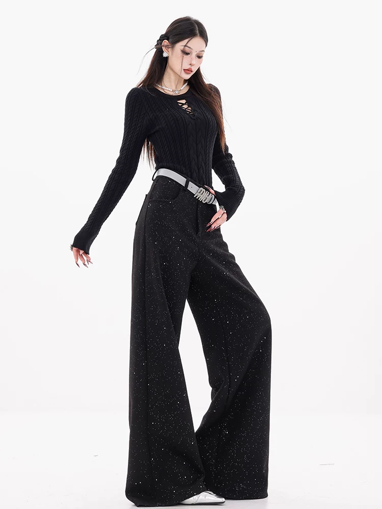 ABWEAR Saint Luo Moonlight-Quần len sequin màu đen nguyên bản dành cho nữ mùa thu đông 2024 Quần ống rộng thẳng