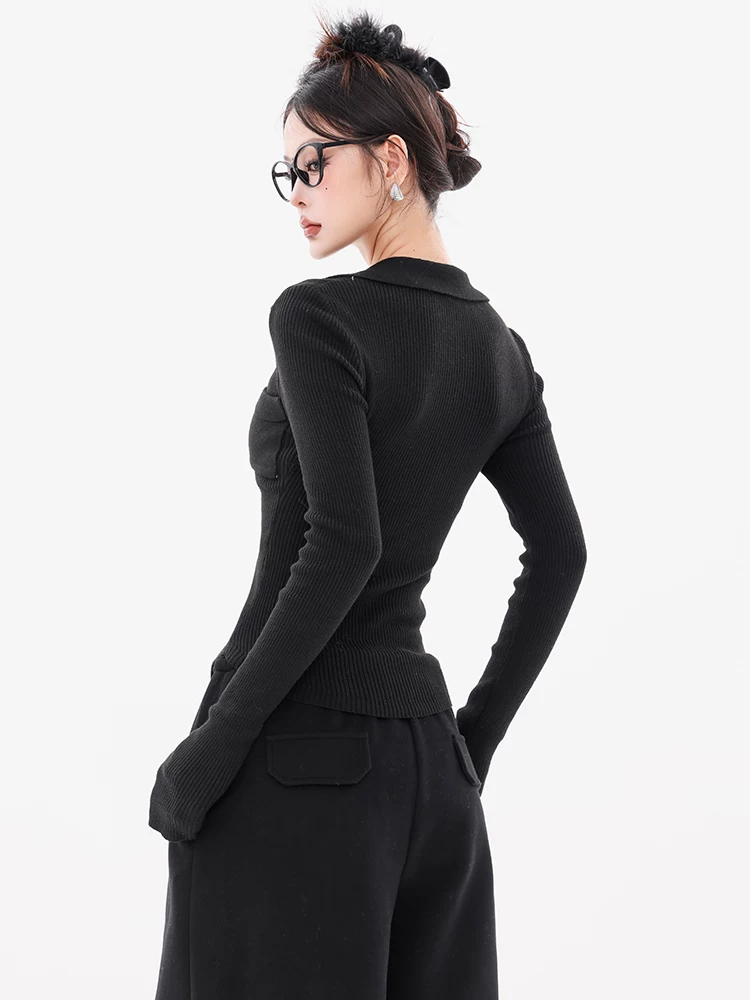 ABWEAR nguyên bản màu đen giả hai mảnh dệt kim dành cho nữ 2024 mới Áo sơ mi POLO dáng ôm vừa vặn áo dài tay
