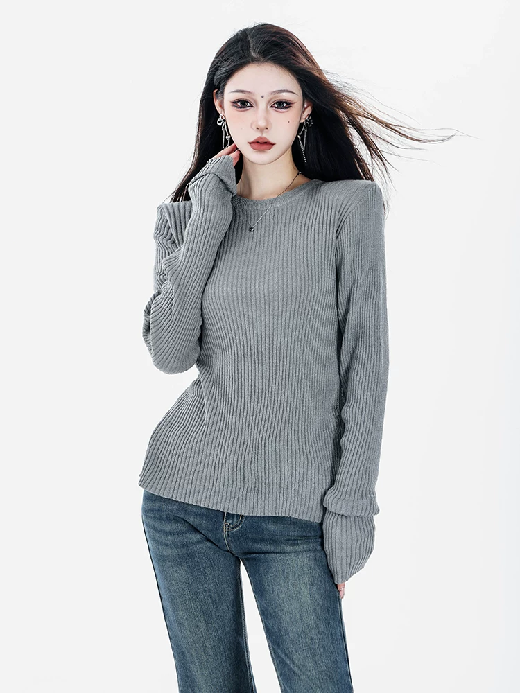 ABWEAR Đầu thu 2025 Áo len dệt kim màu xám mới dành cho nữ, Áo len cơ bản đa năng giúp giảm béo
