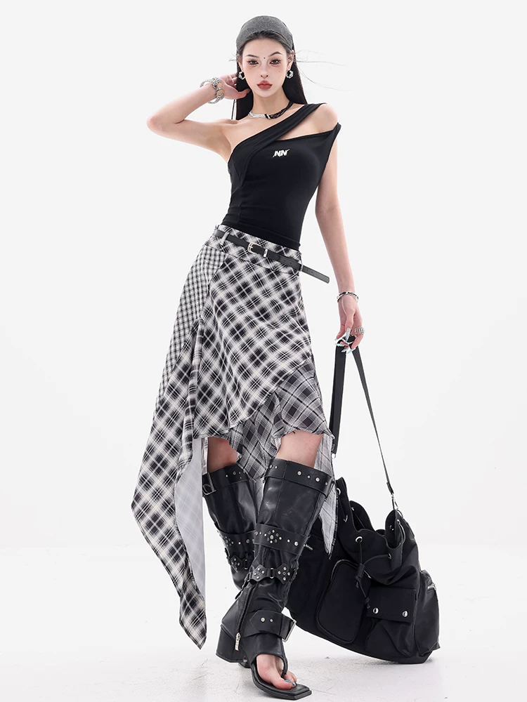 ABWEAR Wind-blown Half-Summer - Váy ba mảnh kẻ sọc đen trắng nguyên bản dành cho nữ với thiết kế bất đối xứng và váy dài cạp cao