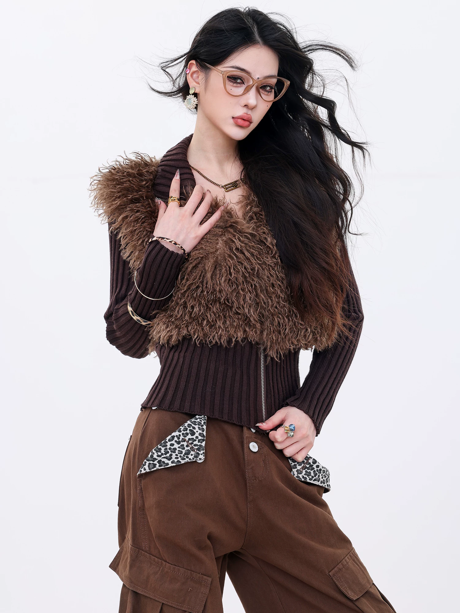 ABWLR Snow Top Mocha - Áo len dệt kim có khóa kéo thiết kế nguyên bản, áo len dệt kim có khóa kéo dành cho nữ, áo khoác len màu nâu