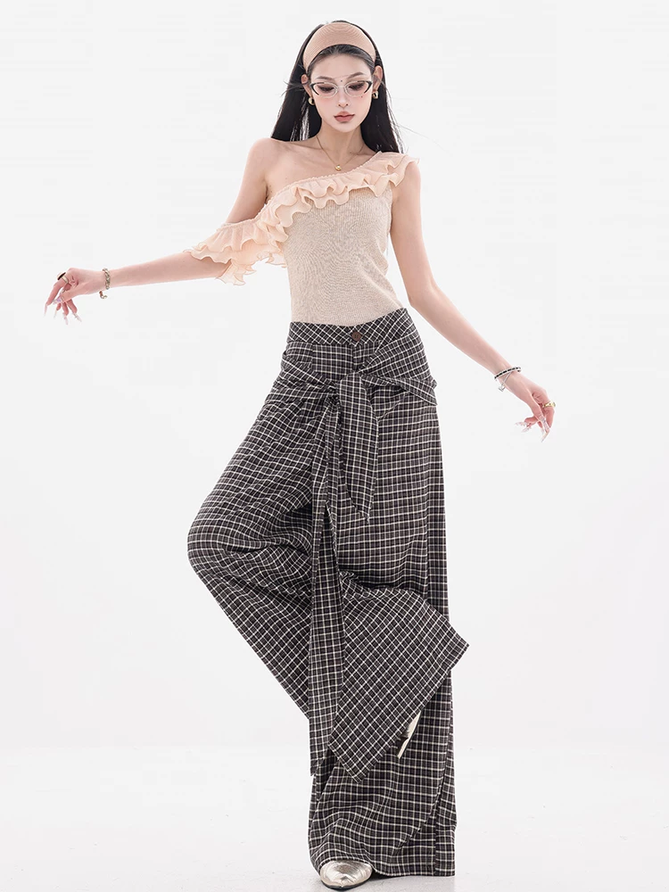 ABWEAR Đảo ngược phong cách Anh quốc - Thiết kế cà vạt kẻ sọc không đều kiểu Hàn Quốc nguyên bản Quần âu nữ Quần ống rộng