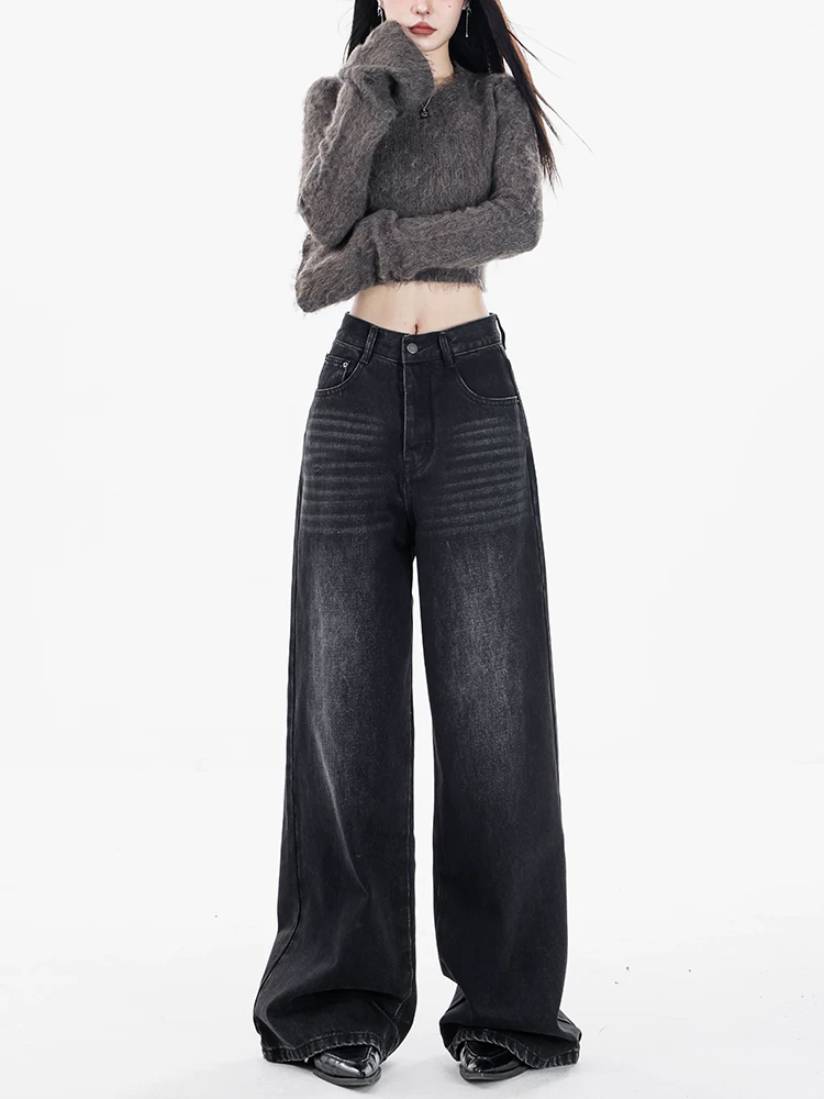 Quần jean màu xám cổ điển của Mỹ ABWEAR dành cho nữ 2023 quần ống rộng dáng rộng lưng cao mới