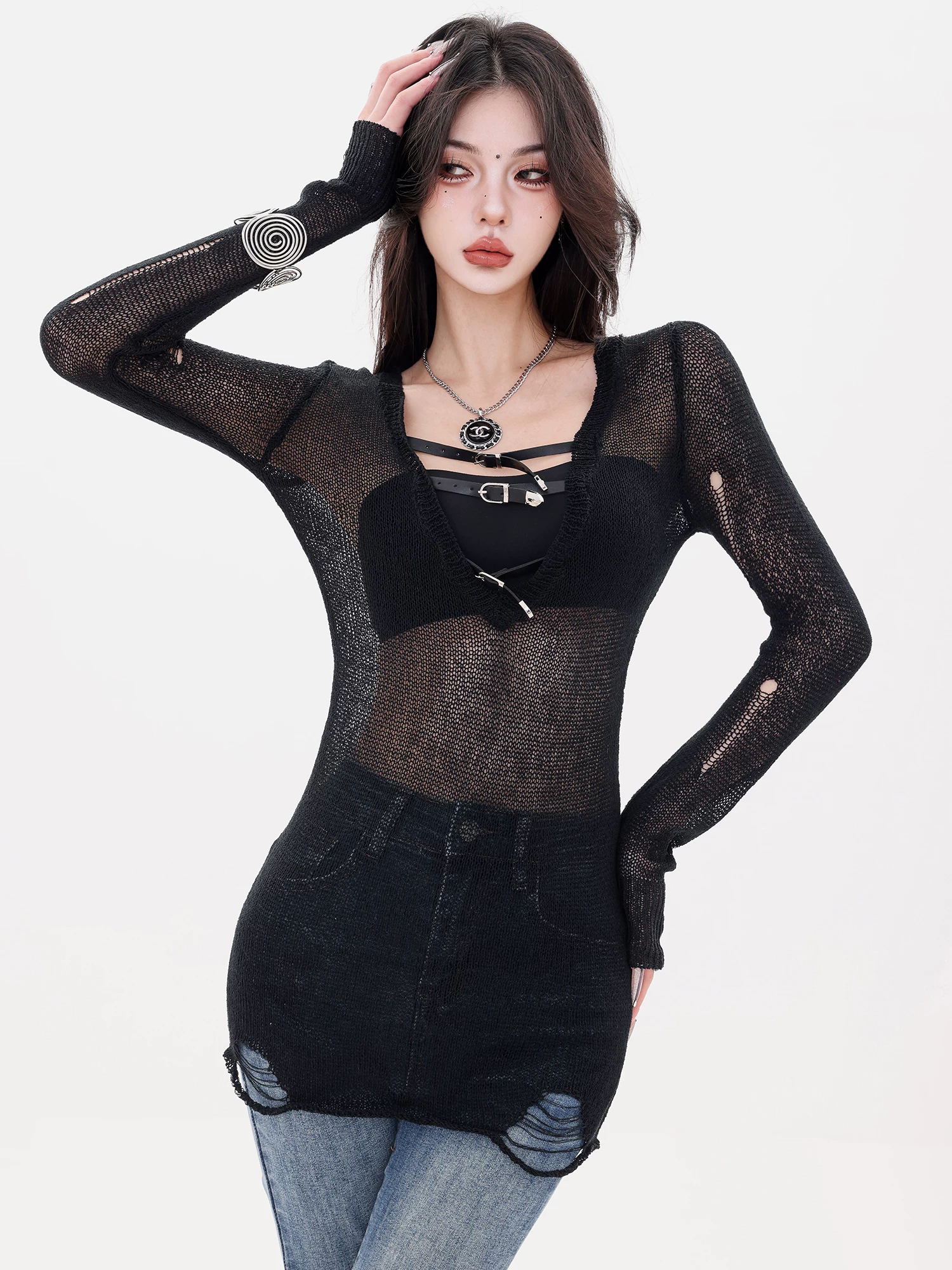 ABWLR Wave Aesthetic - Áo kiểu dáng hot girl độc đáo, cổ chữ V, chất liệu đan móc rỗng, ôm dáng, áo lót mặc ngoài dành cho nữ