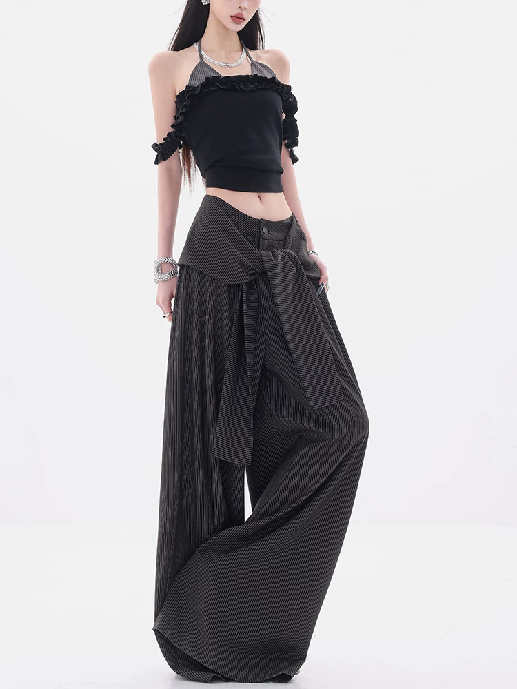 ABWEAR Urban Beauty - Quần dài giả hai mảnh sọc đen trắng nguyên bản có họa tiết chắp vá Quần ống rộng dáng rộng dành cho nữ