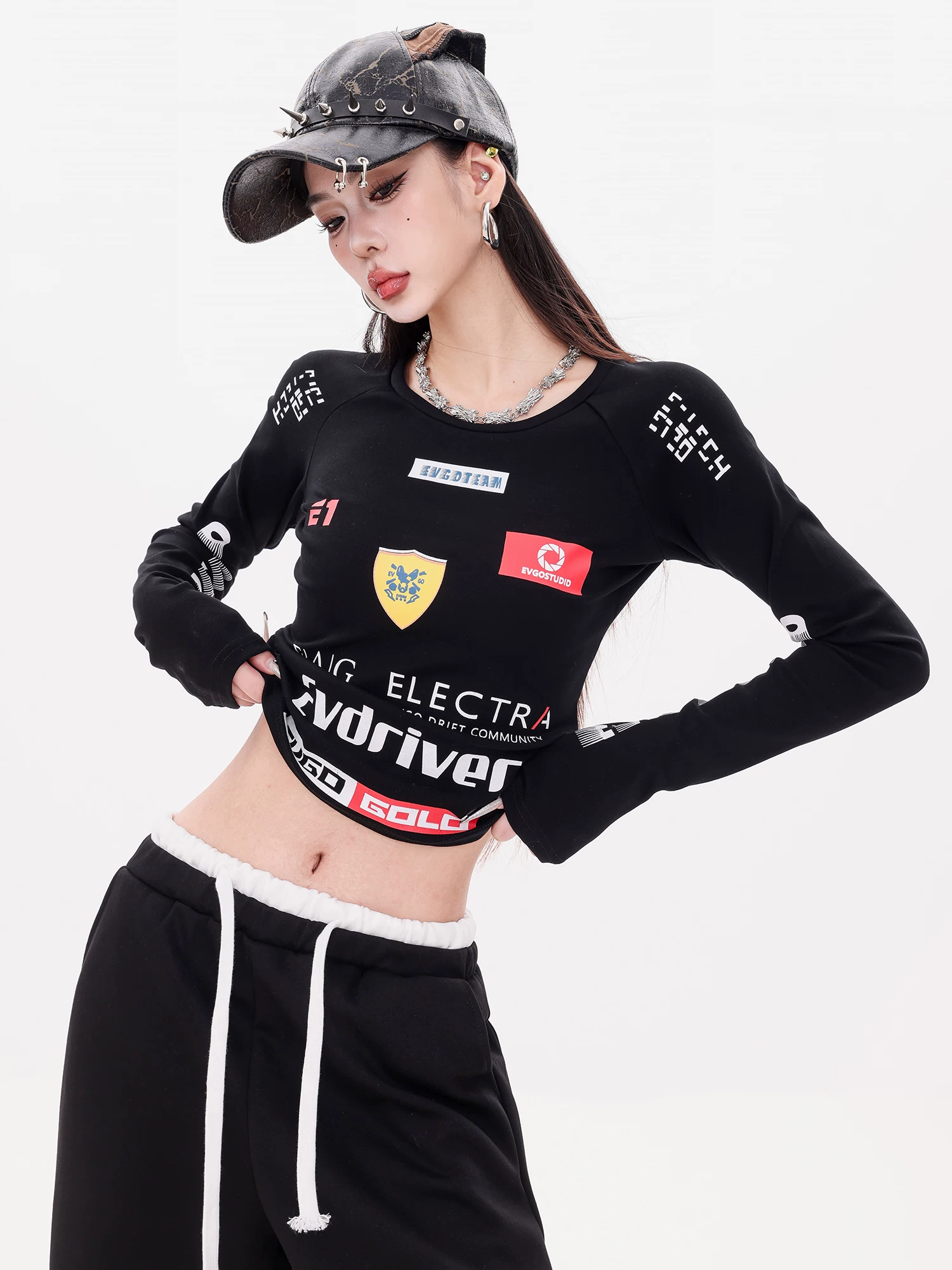 Tuyên bố về Tự do của ABWEAR - Áo thun dài tay in phong cách xe máy Mỹ gốc Phi màu đen nguyên bản Áo sơ mi nữ dáng ôm vừa vặn