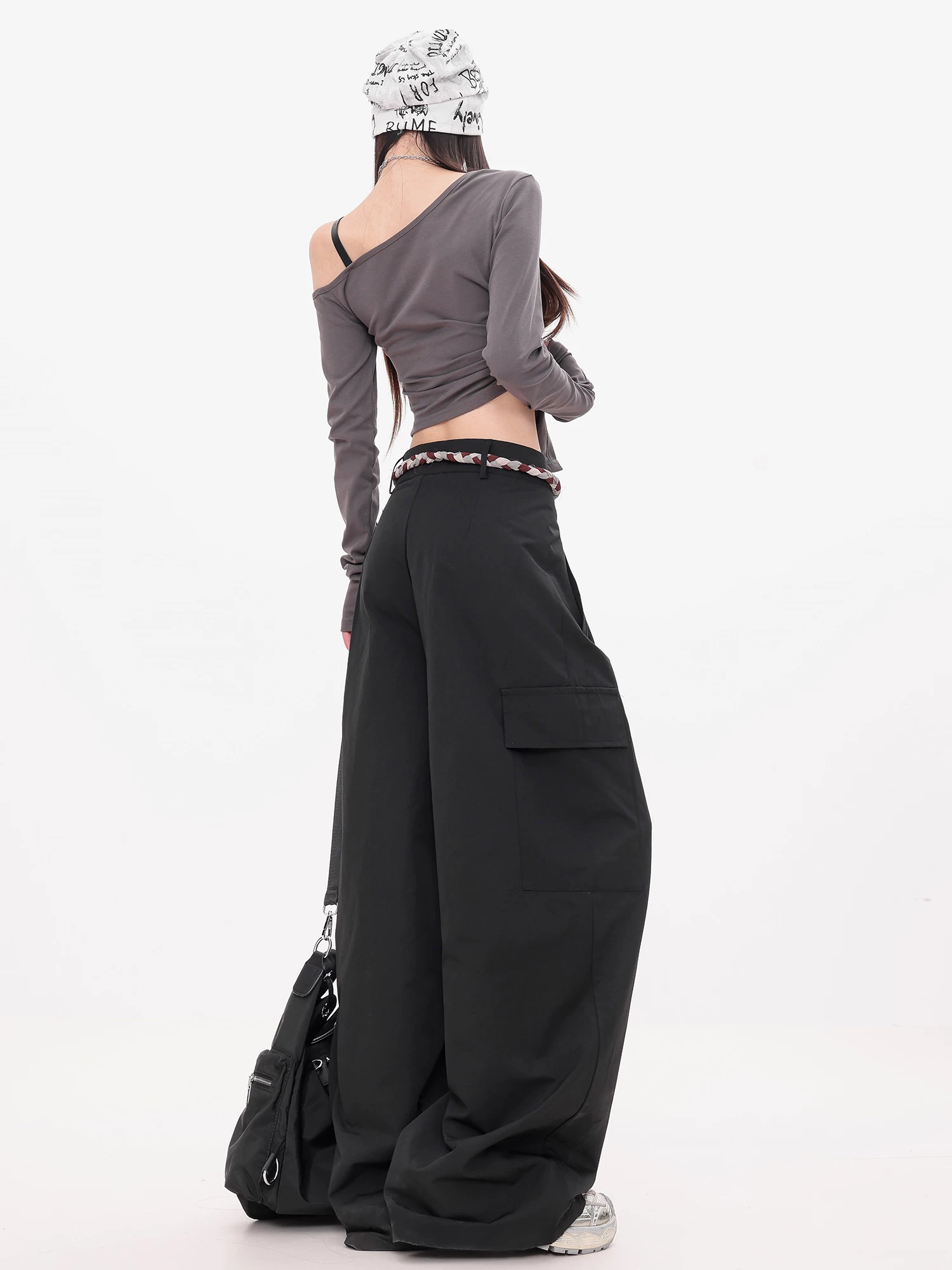 ABWEAR Ivy Love - Quần cargo đen nguyên bản dành cho nữ, dáng rộng, tôn dáng, đa năng, quần ống rộng dài đến sàn, phong cách giản dị