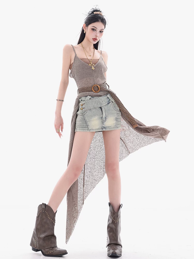 ABWEAR Rhine River-side - Váy ngắn denim phong cách hot girl cổ điển của Mỹ dành cho nữ, váy ngắn ôm hông đa năng