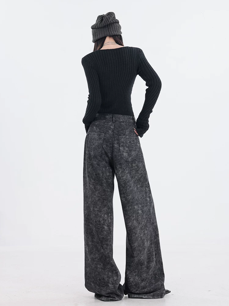 ABWEAR Virtual Island - Quần ống rộng màu đen nguyên bản thu đông mới Quần jean nữ dáng rộng thẳng dài đến sàn