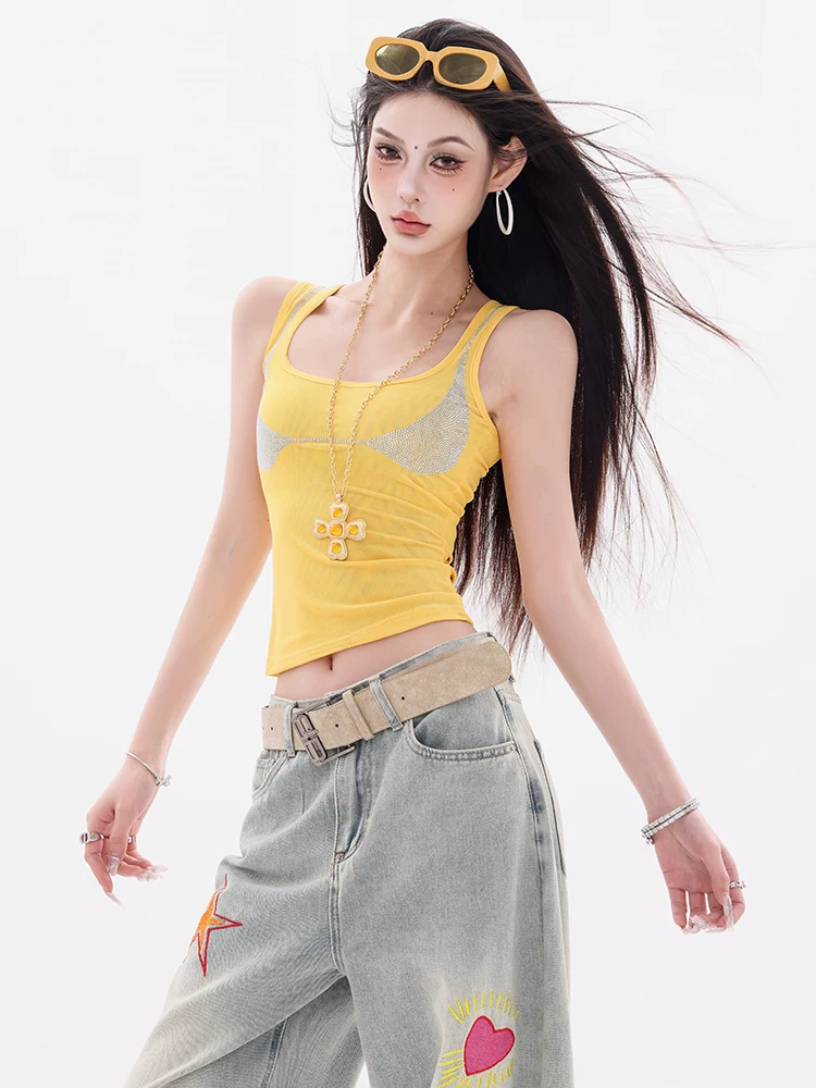 ABWEAR Shibuya Hot Girl - Áo ba lỗ đính đá màu vàng nguyên bản dành cho nữ mùa hè 2025 Áo ngắn vừa vặn