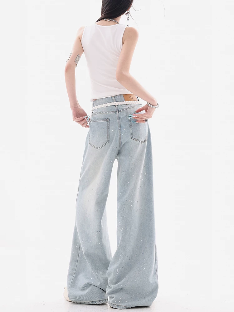 ABWEAR Ice Blue Summer - Quần jean rách đính đá màu xanh nhạt nguyên bản dành cho nữ, lưng cao, giảm béo, quần ống rộng rộng rãi