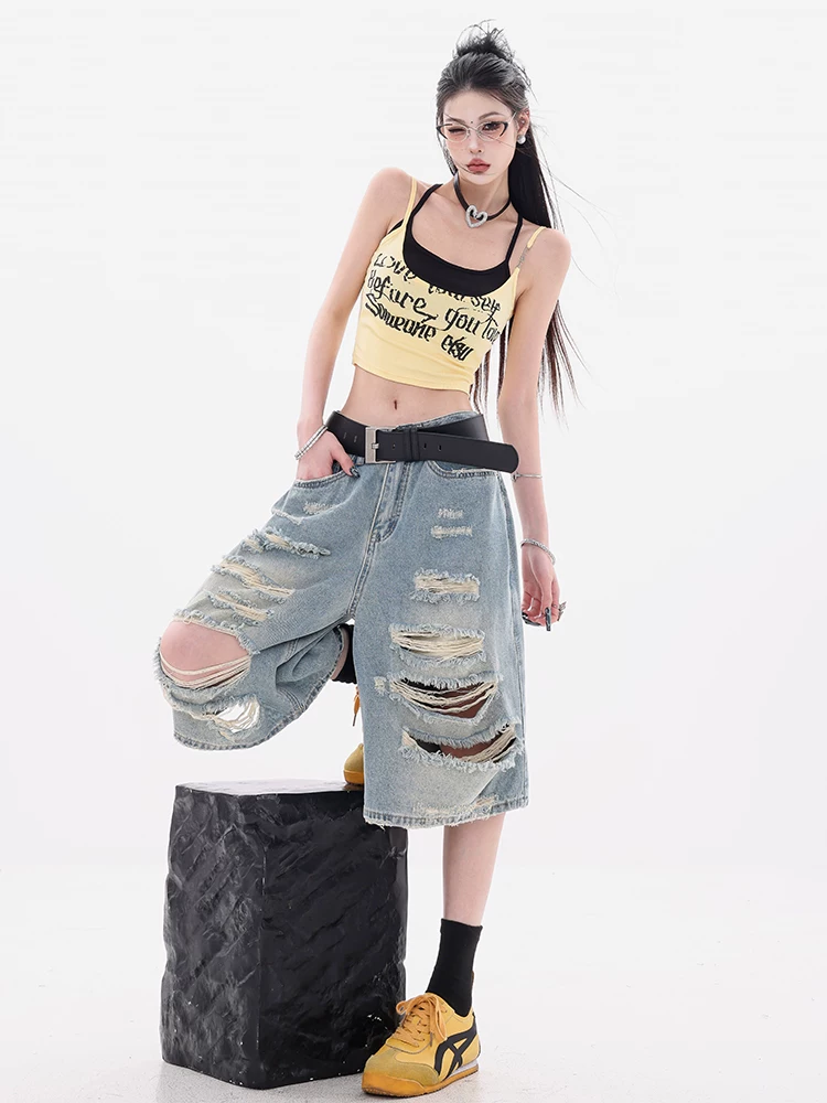 ABWEAR Street Summer - Quần short denim thiết kế theo phong cách đường phố Mỹ nguyên bản dành cho nữ, quần short năm điểm dáng rộng vừa vặn