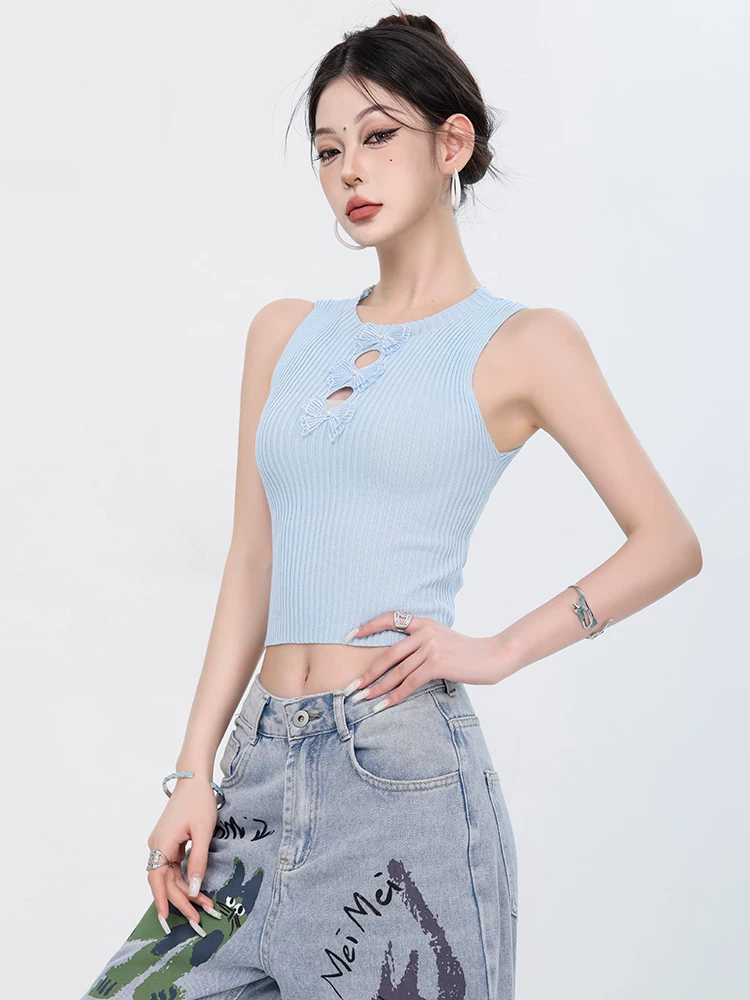 ABWEAR Angel Healing - Áo yếm nguyên bản dành cho nữ có trang trí hoa ba chiều khoét lỗ, áo ngắn thon gọn