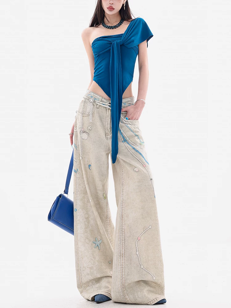 ABWEAR Wei Yi Sheng Xia - Quần jean in 3D công nghiệp nặng nguyên bản dành cho nữ, lưng cao, giảm béo, quần ống rộng, quần dài