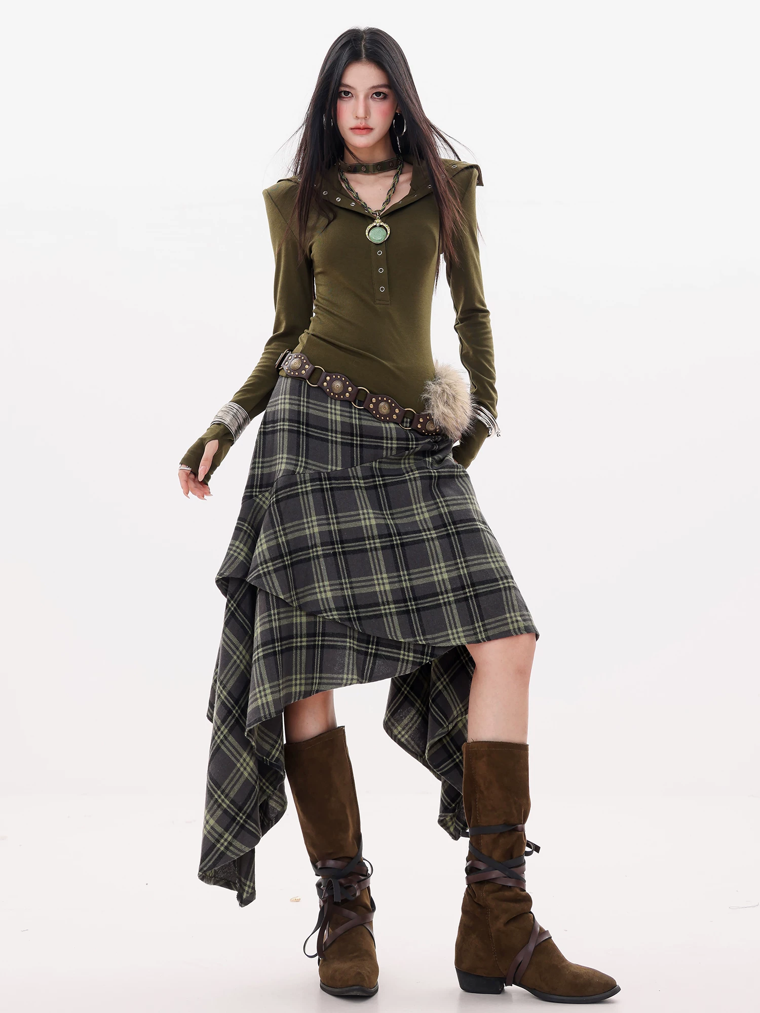 ABWLR Hippie Nomad-Original Plaid Váy không đều kiểu dáng mùa thu đông dành cho nữ Váy chữ A eo cao mới