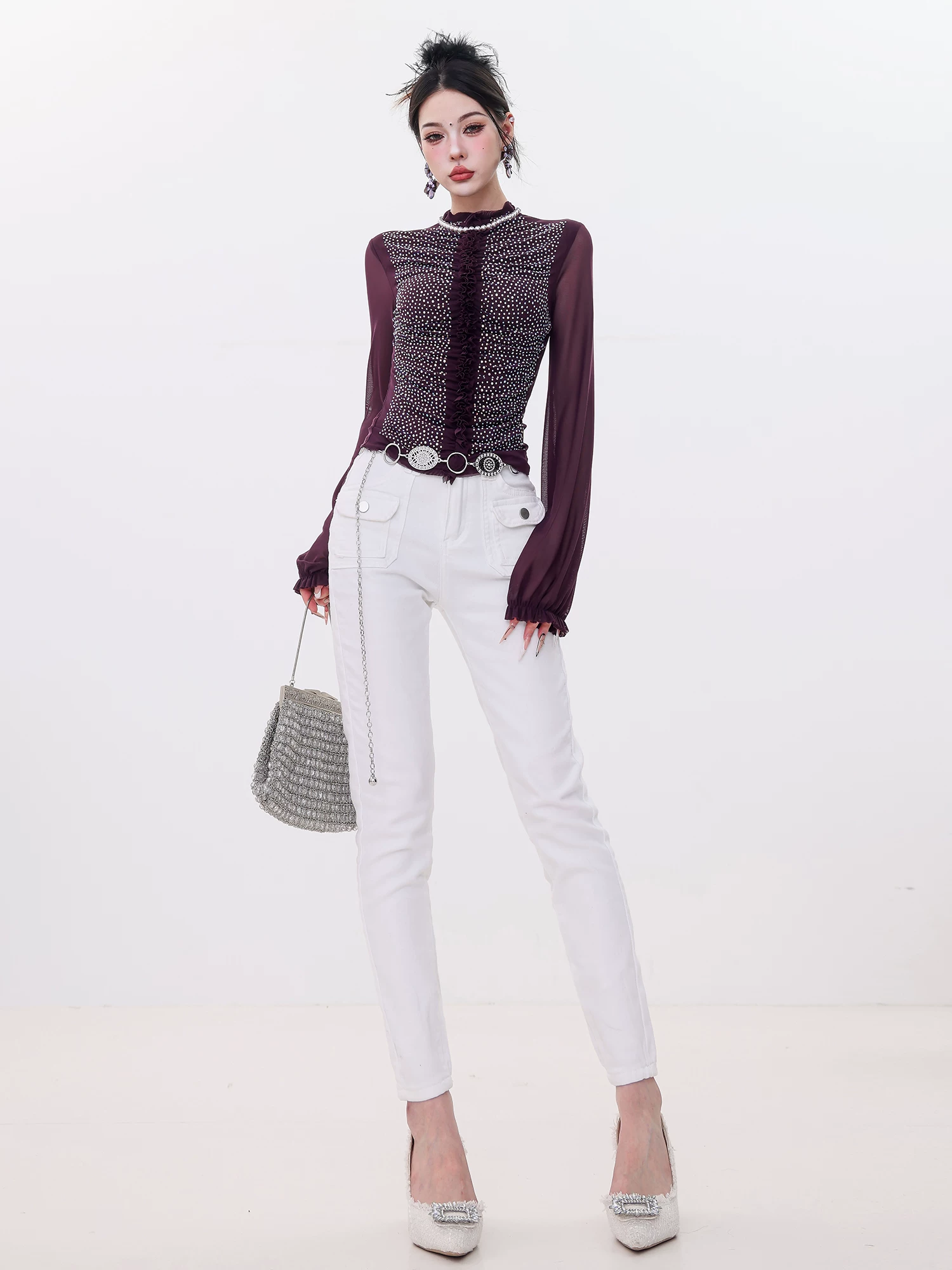 ABWLR Light Mature Style - Quần jean lót lông cừu màu trắng nguyên bản dành cho nữ, dài chín phần mười, ôm vừa vặn, quần baguette nhỏ nhắn