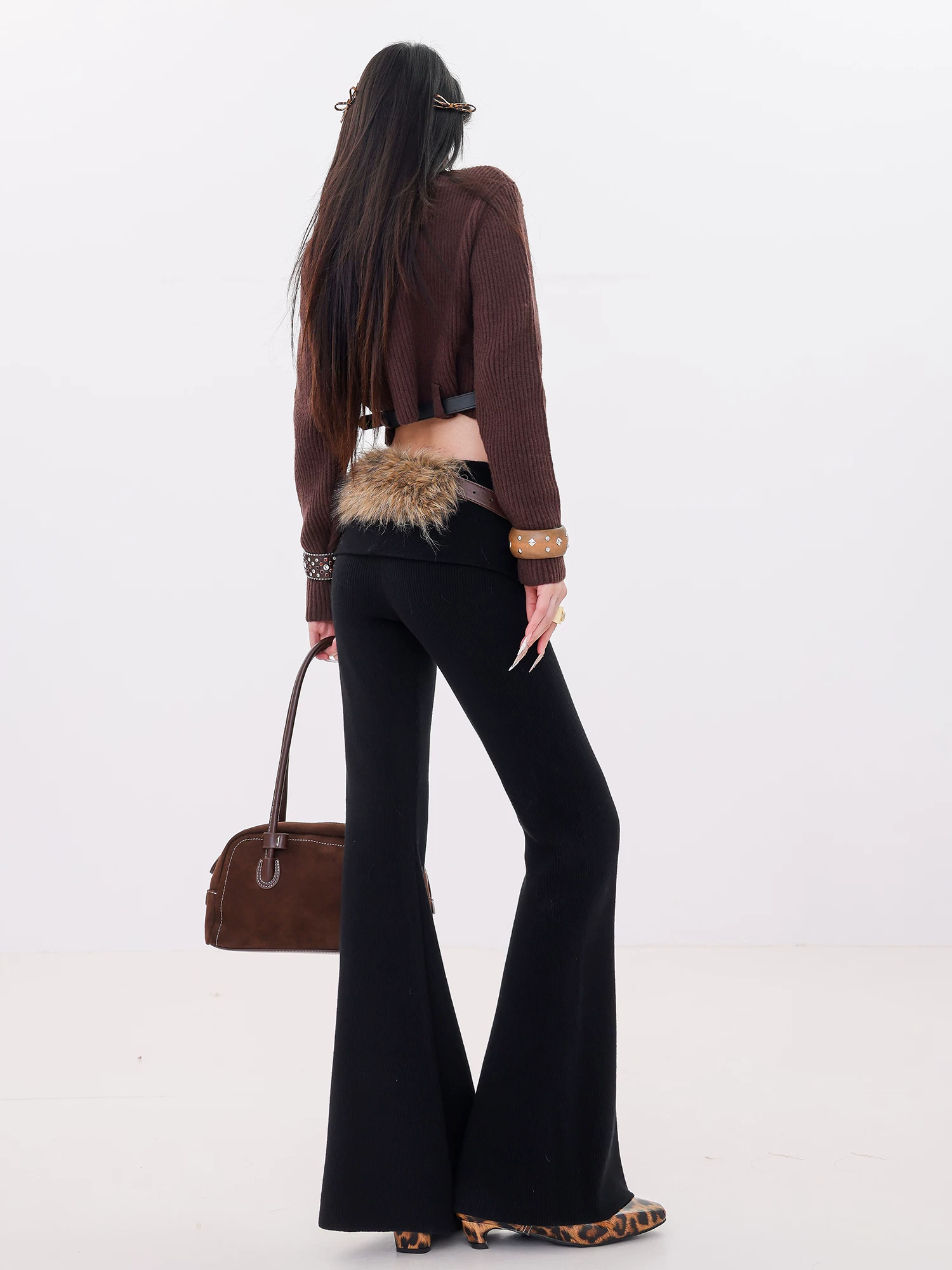 ABWLR Relaxed Fit - Quần ống loe dày có lót lông cừu cạp cao màu đen nguyên bản dành cho nữ, quần ống loe thon gọn và bay bổng
