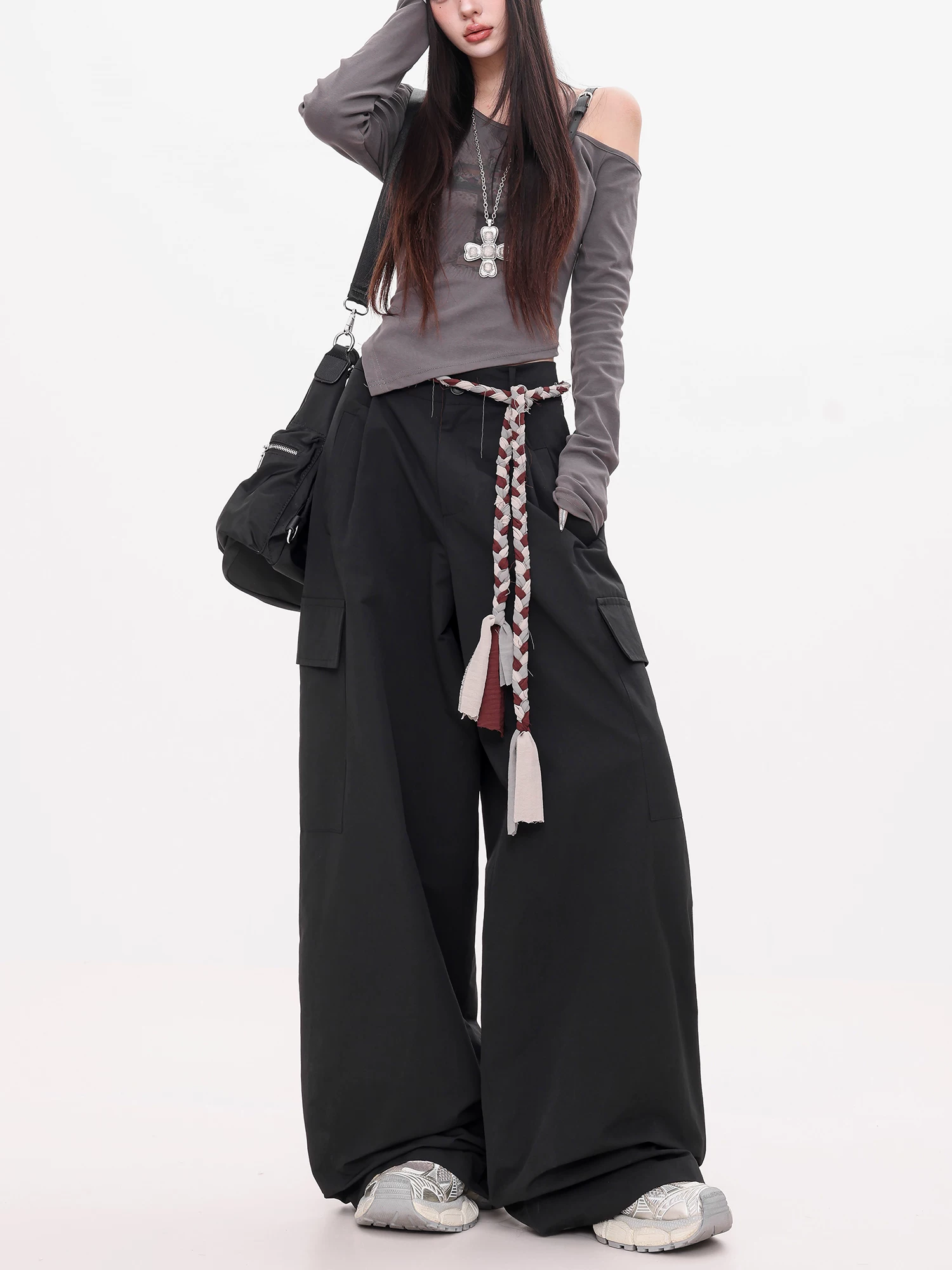 ABWEAR Ivy Love - Quần cargo đen nguyên bản dành cho nữ, dáng rộng, tôn dáng, đa năng, quần ống rộng dài đến sàn, phong cách giản dị