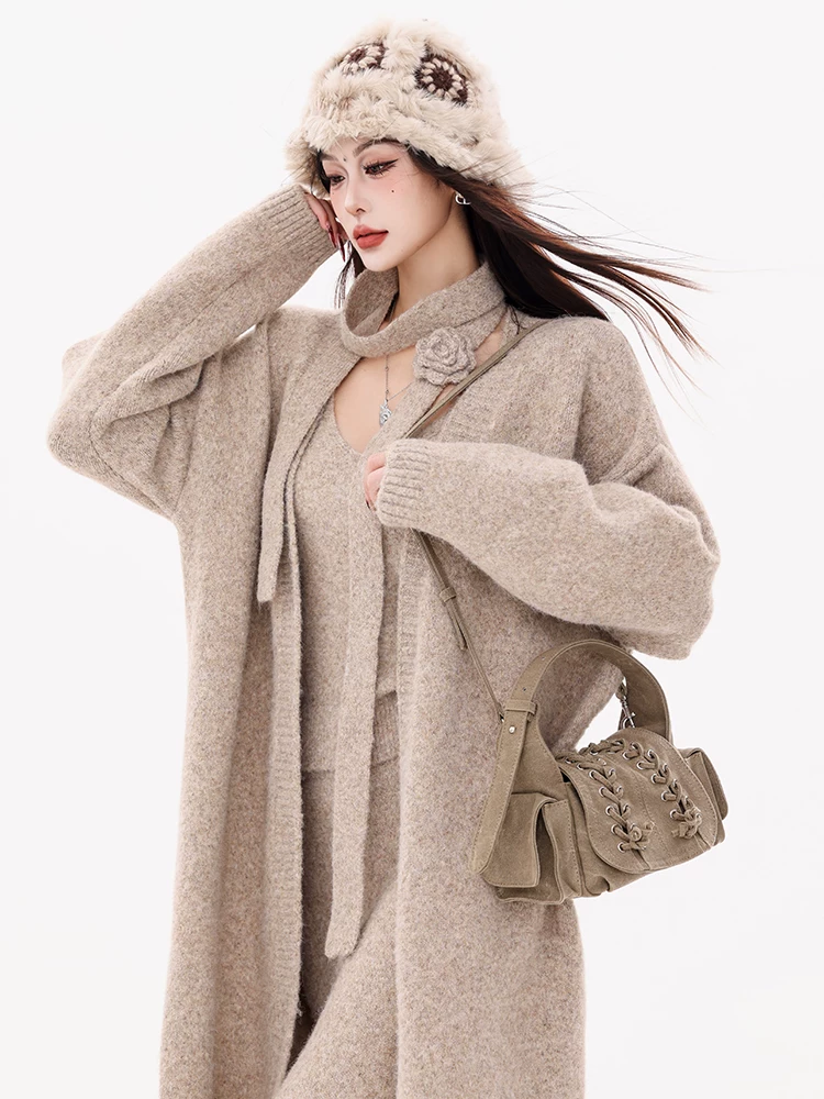 Túi xách nữ đa năng phong cách hoang tàn nguyên bản của ABWEAR, túi đeo vai đi làm thiết kế dây buộc năm 2024