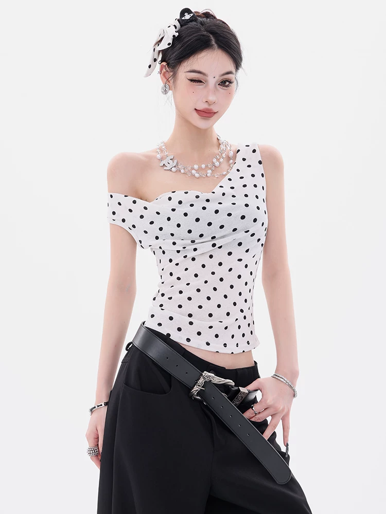 ABWEAR Tipsy Moment - Áo thun ngắn tay ôm sát eo, thiết kế chấm bi nguyên bản, kiểu dáng ôm sát eo, tay ngắn dành cho nữ