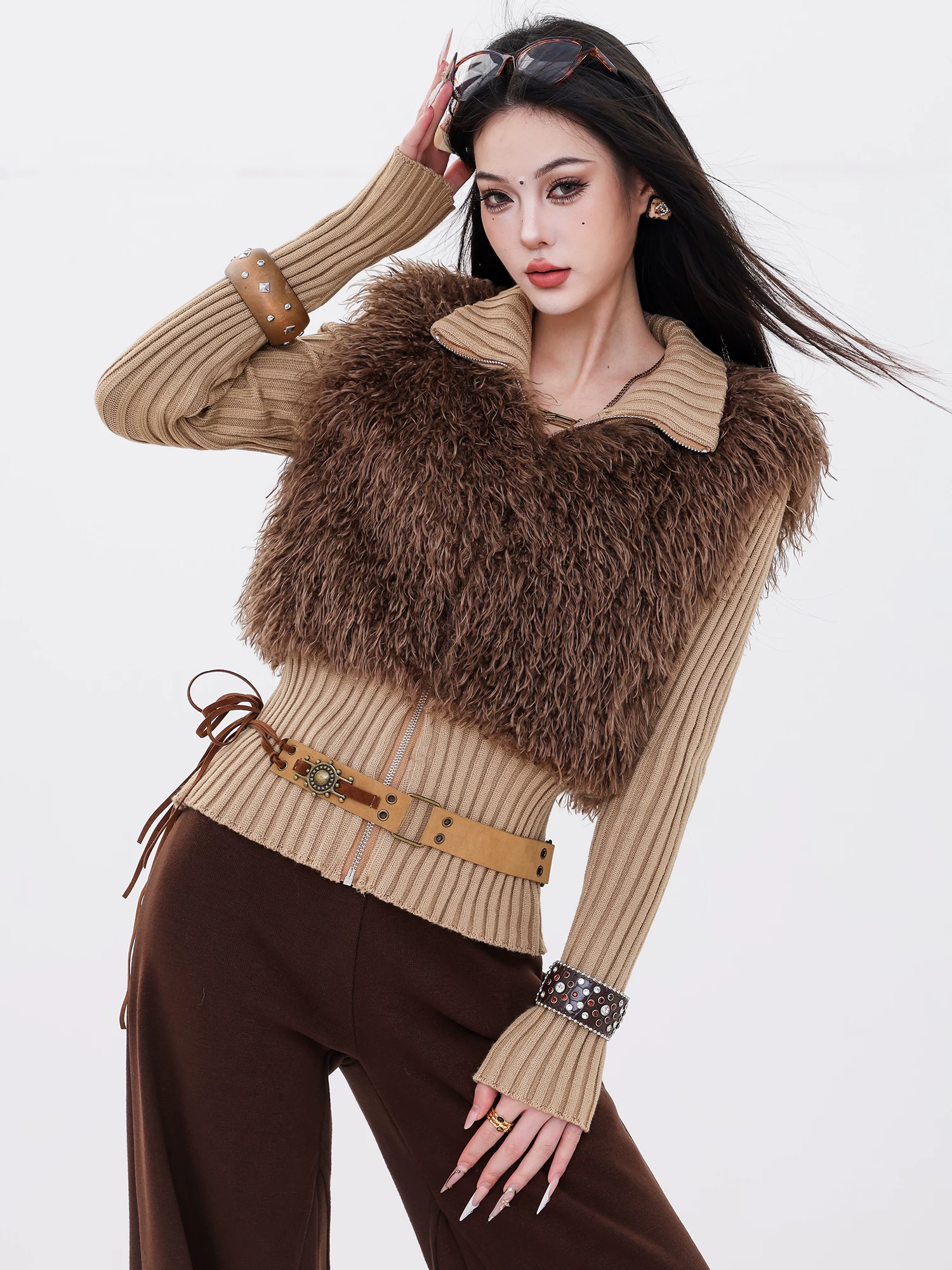 ABWLR Snow Top Mocha - Áo len dệt kim hai trong một bằng lông thú giả thân thiện với môi trường dành cho nữ, Áo khoác dài tay ôm vừa vặn cho mùa thu đông