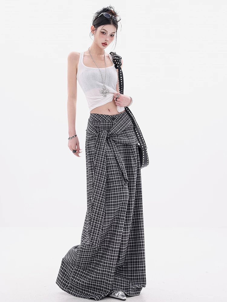 ABWEAR Ngược chiều của phong cách Anh - Thiết kế cà vạt không đều có kẻ sọc đen trắng nguyên bản Quần kẻ sọc Quần kẻ sọc ống rộng dành cho nữ