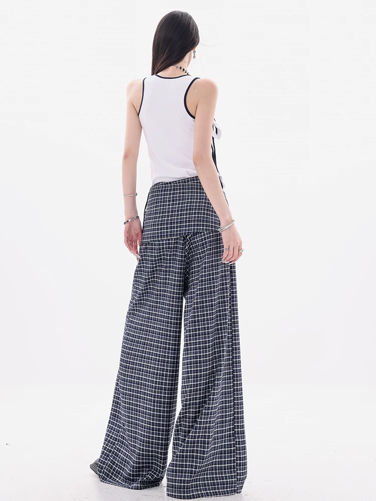 ABWEAR Ngược chiều của phong cách Anh - Quần thường ngày kẻ sọc xanh nguyên bản dành cho nữ với thiết kế dây buộc, dáng rộng, quần ống rộng dài đến sàn