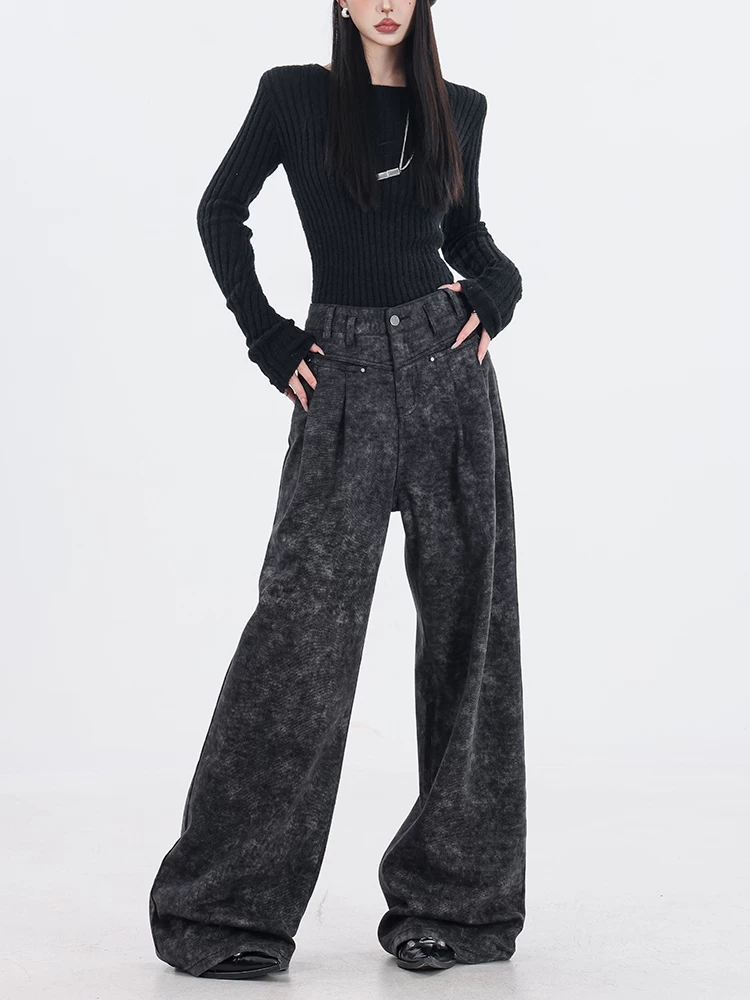 ABWEAR Virtual Island - Quần ống rộng màu đen nguyên bản thu đông mới Quần jean nữ dáng rộng thẳng dài đến sàn