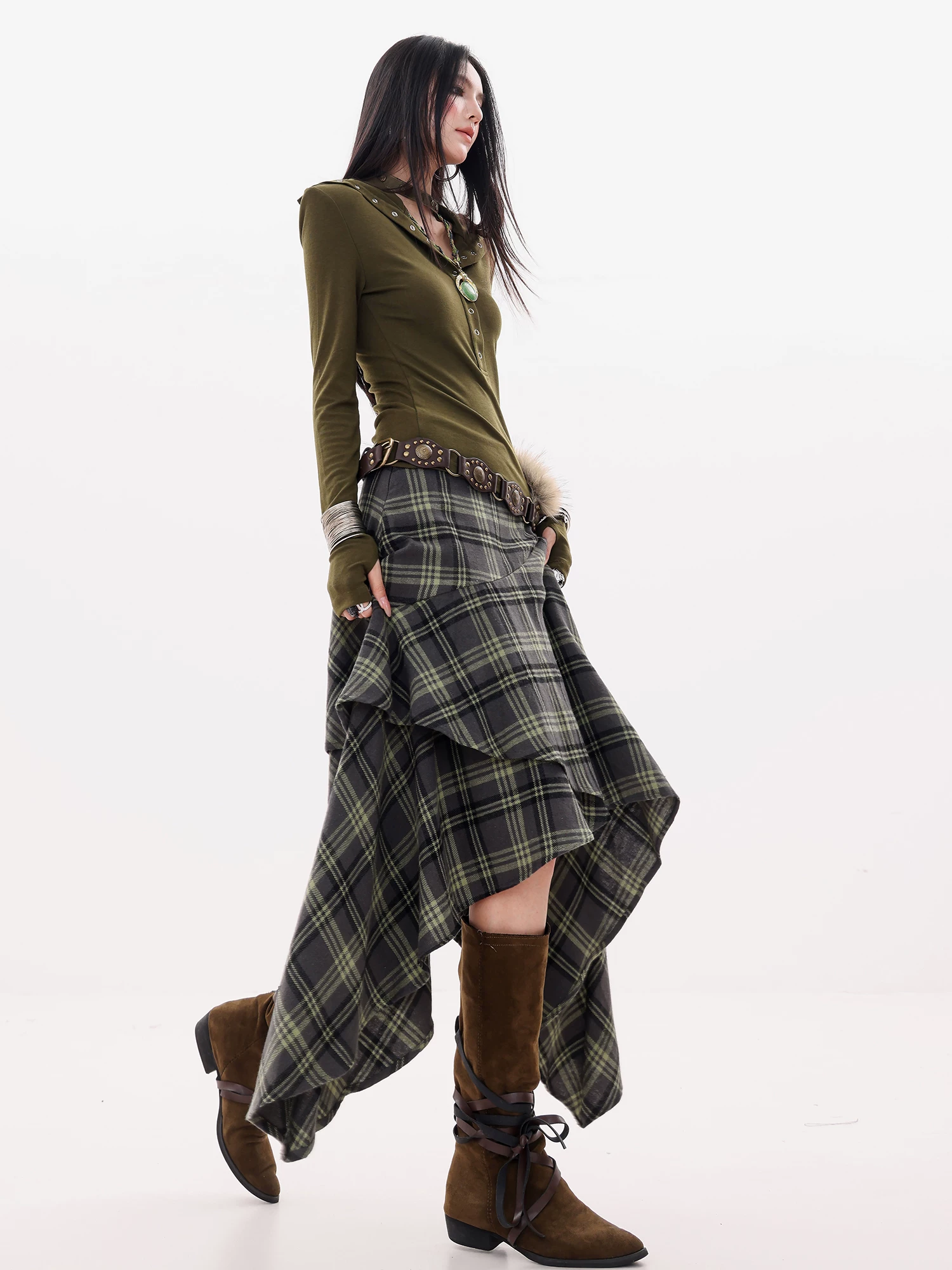 ABWLR Hippie Nomad-Original Plaid Váy không đều kiểu dáng mùa thu đông dành cho nữ Váy chữ A eo cao mới
