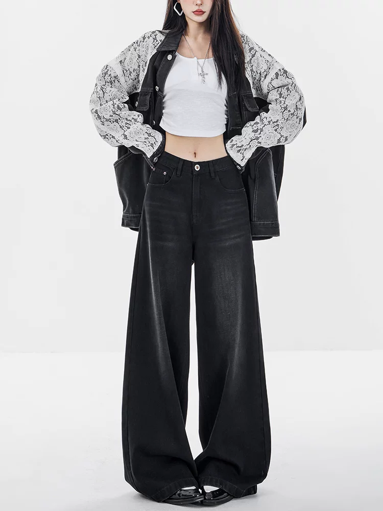 Quần jeans ống rộng màu đen thu đông ABWEAR dành cho nữ 2025, kiểu dáng mới, rộng rãi, dài chấm đất, dáng thẳng
