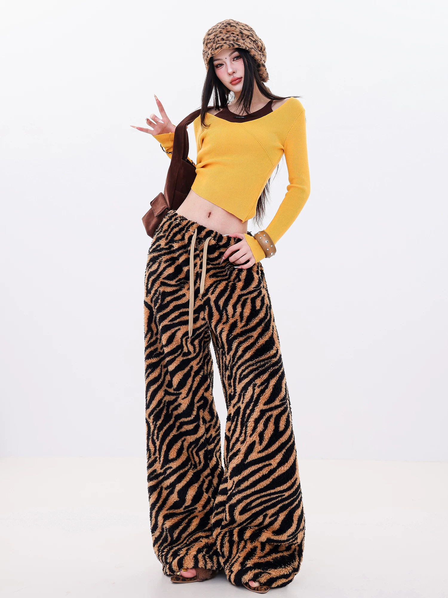 ABWLR Wild Return - Quần ống rộng in hình hổ lười nguyên bản dành cho nữ, Quần ống rộng dáng rộng thời trang thu đông mới