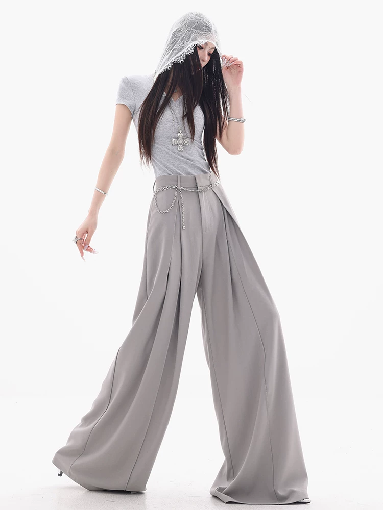 ABWEAR Foggy City Dawn - Bộ đồ ống rộng màu xám nguyên bản dành cho nữ 2025 Phong cách dáng rộng mỏng mùa hè mới