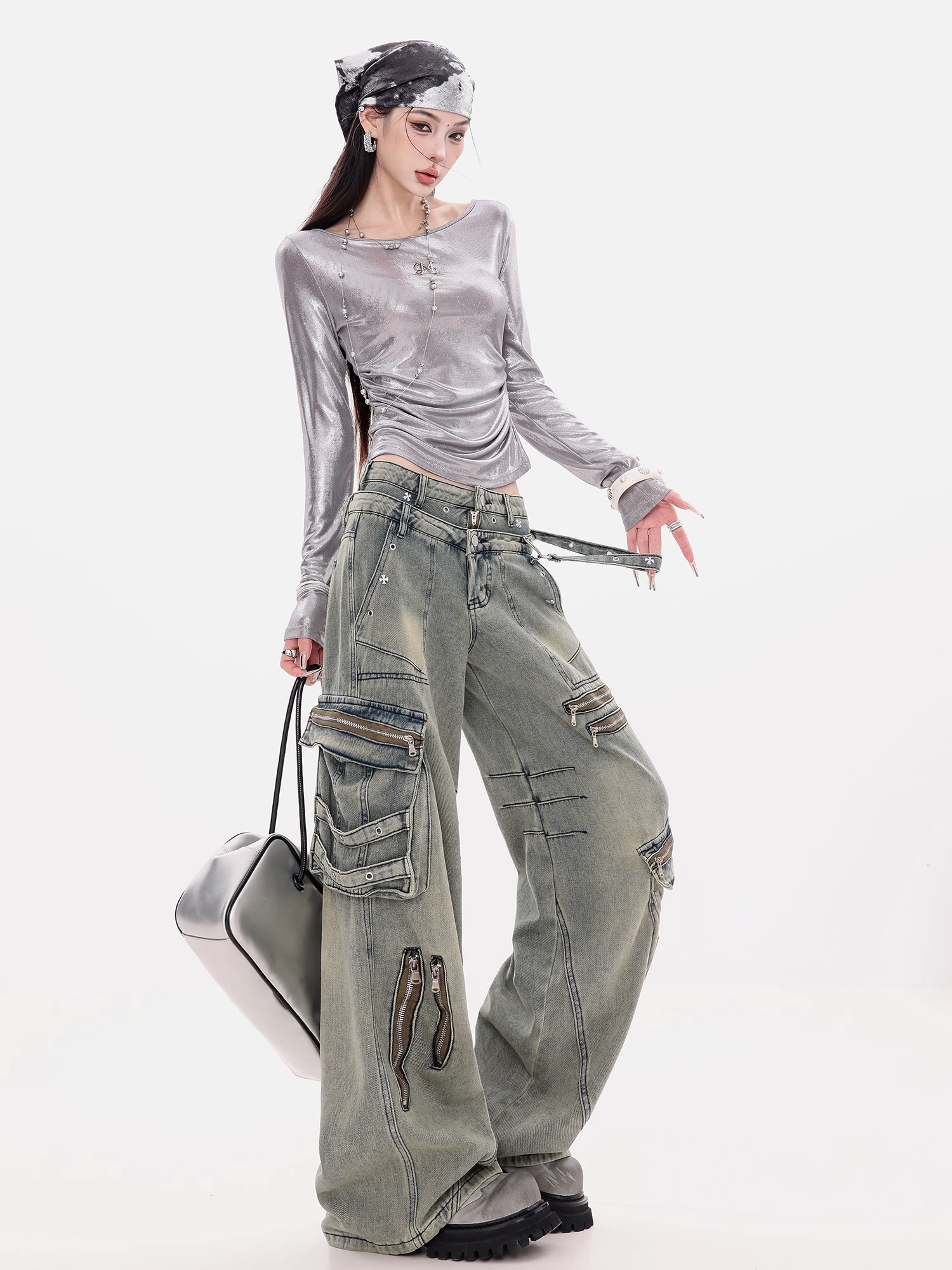 ABWEAR Neon Carnival - Quần jean bảo hộ lao động có dây thắt lưng đôi hạng nặng nguyên bản dành cho nữ, quần ống rộng thiết kế lưng cao