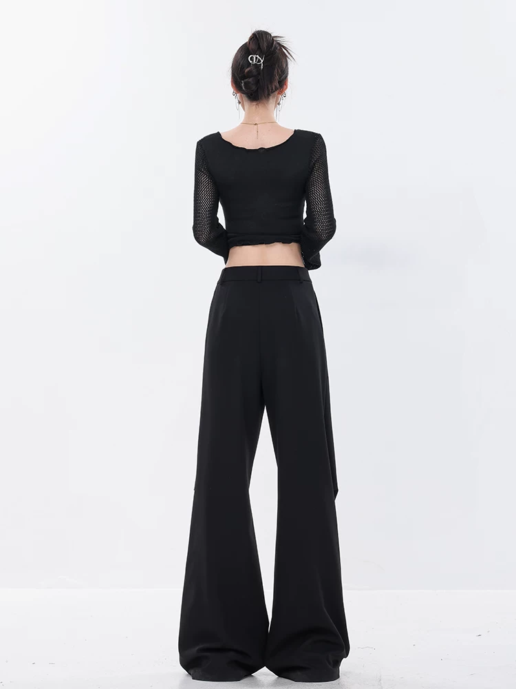 Quần âu lưng cao màu đen thiết kế độc đáo của ABWEAR dành cho nữ, quần ống loe dáng dài dành cho nữ, quần ống rộng dáng rộng giúp thon gọn