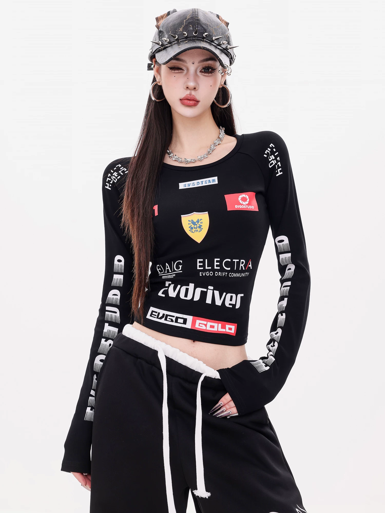 Tuyên bố về Tự do của ABWEAR - Áo thun dài tay in phong cách xe máy Mỹ gốc Phi màu đen nguyên bản Áo sơ mi nữ dáng ôm vừa vặn