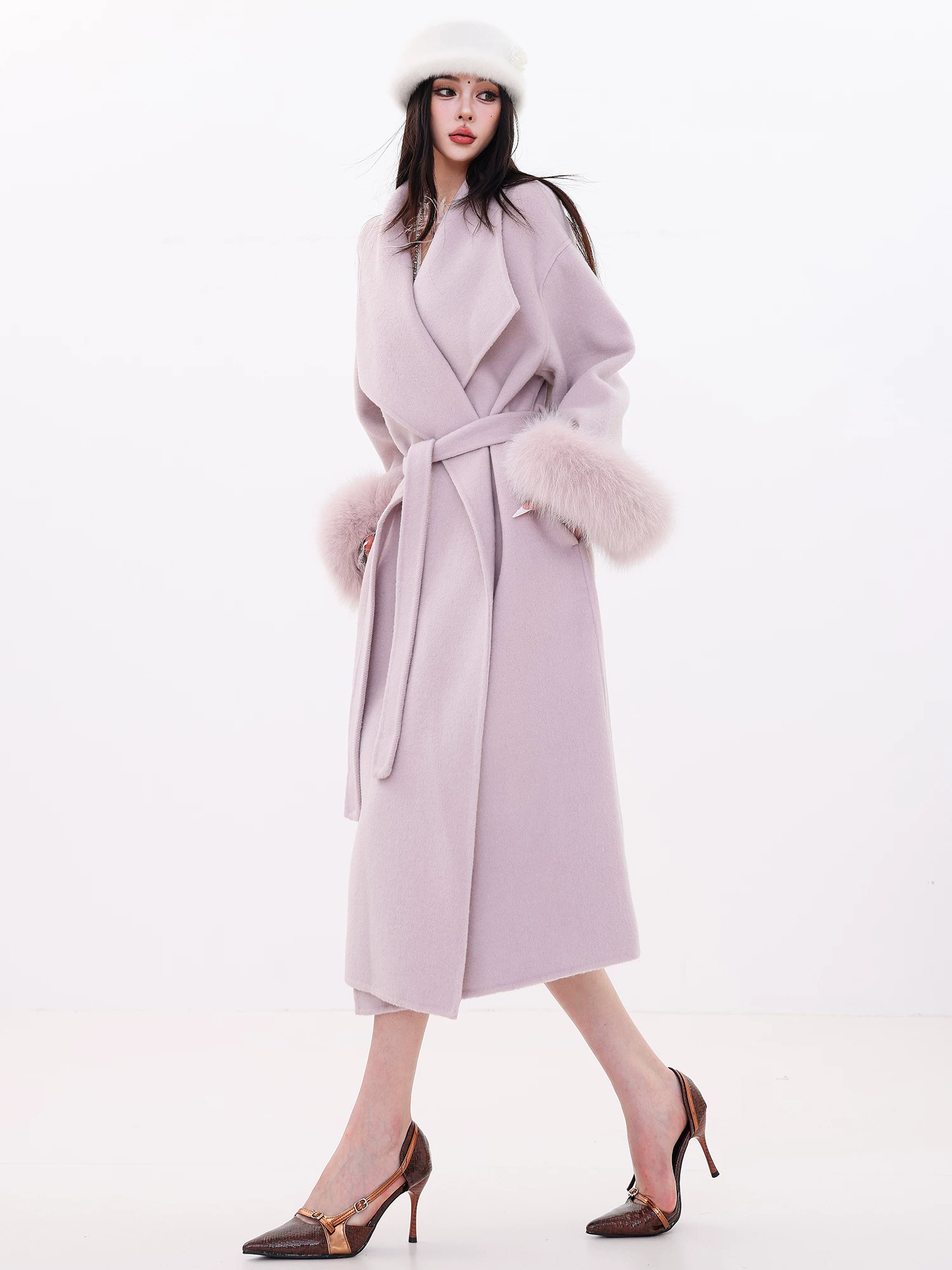 Áo khoác len cashmere lông cáo thật hai lớp ABWLR Winter Love Song - kiểu dáng dài, có ve áo, thắt lưng eo cho nữ