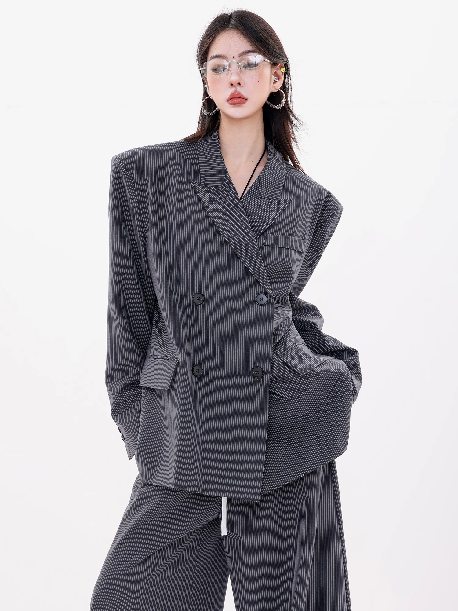 ABWLR Art Editor - Bộ đồ hai mảnh có áo khoác blazer sọc nguyên bản dành cho nữ, dáng rộng, đa năng, phong cách thường ngày