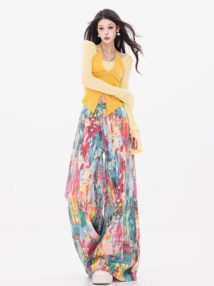 Quần jeans nữ ABWEAR họa tiết màu sơn gốc, họa tiết bắn mực, tranh sơn dầu, mùa thu/đông 2025, kiểu dáng ống rộng