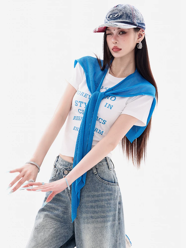 ABWEAR Versatile Sweetheart - Áo thun ngắn tay in chữ nguyên bản dành cho nữ Slim Fit Shawl Top Bộ hai món