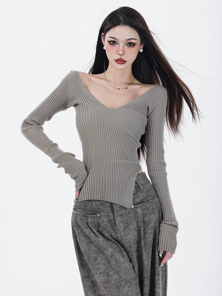ABWAER Elegant Focus - Áo len trễ vai mùa thu nguyên bản dệt kim nữ tính
