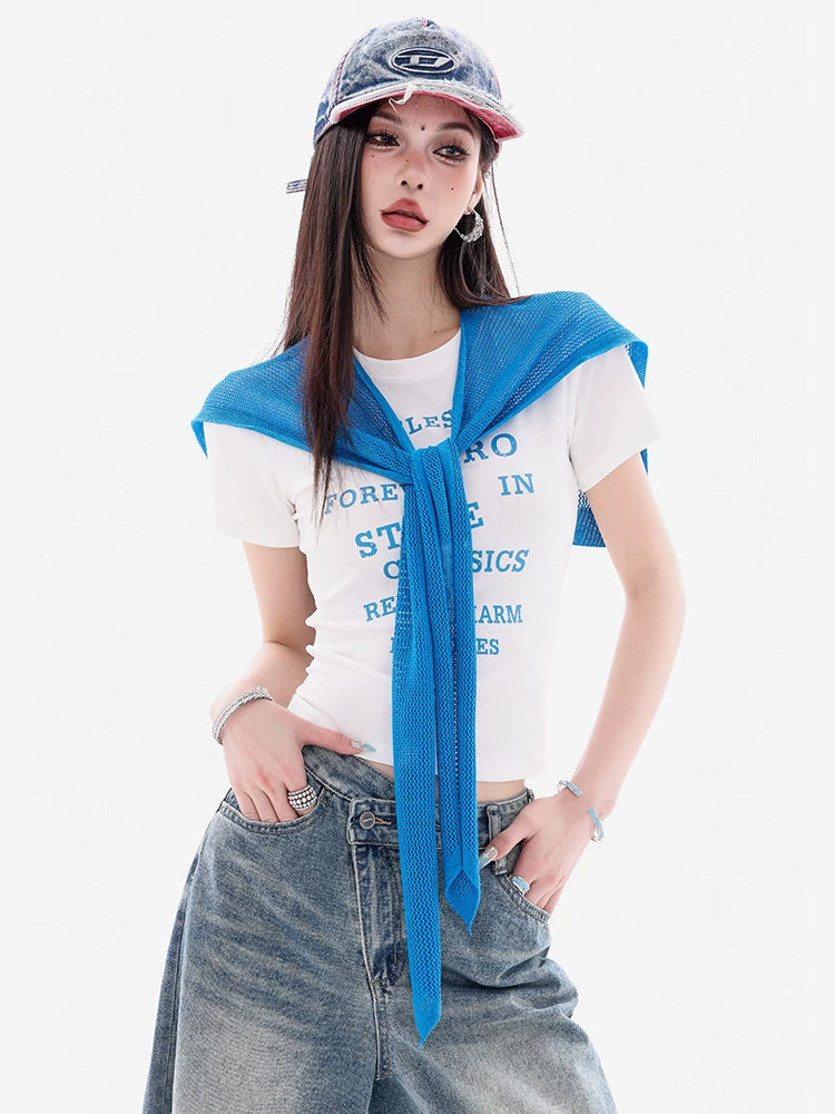ABWEAR Versatile Sweetheart - Áo thun ngắn tay in chữ nguyên bản dành cho nữ Slim Fit Shawl Top Bộ hai món