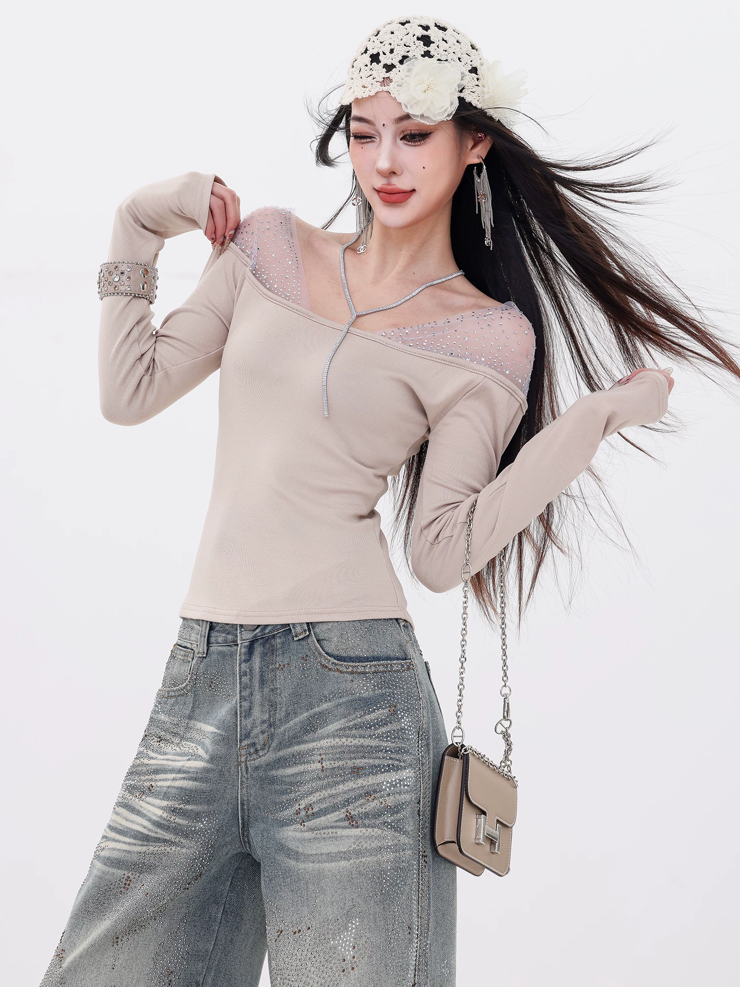 ABWLR Soft Yarn Shadow - Áo thun dài tay đính đá pha ren thiết kế nguyên bản dành cho nữ, áo nhẹ nhàng và độc đáo