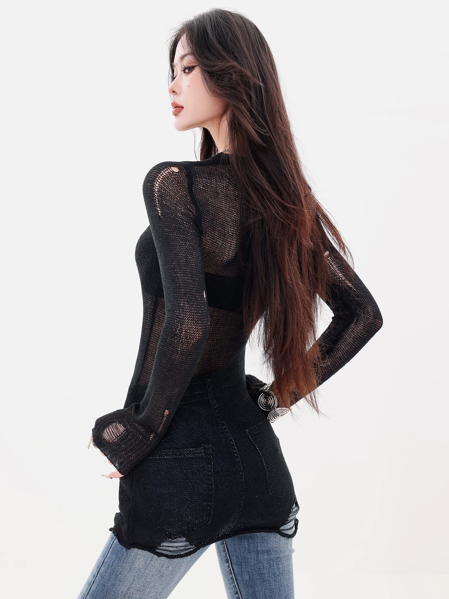ABWLR Wave Aesthetic - Áo kiểu dáng hot girl độc đáo, cổ chữ V, chất liệu đan móc rỗng, ôm dáng, áo lót mặc ngoài dành cho nữ